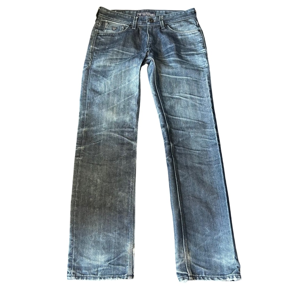 Guess 1981 Lincoln Slim Straight Jeans Mens 32x30.5 Blue Distressed Wash